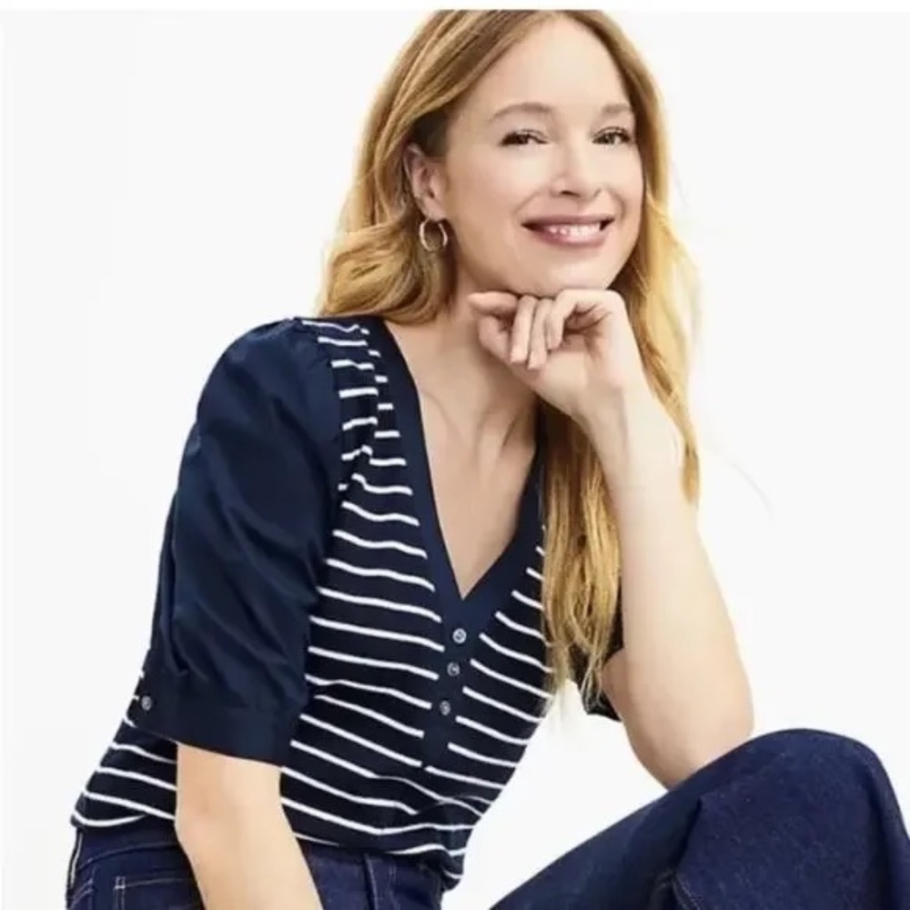 LOFT Navy and White Striped Henley Mixed Media Top, Large